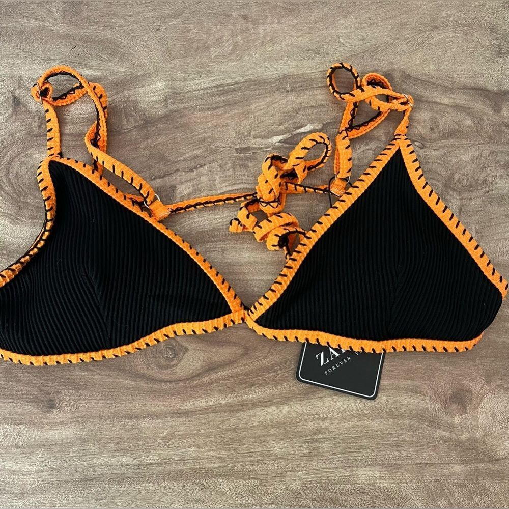 Zaful NWT Women’s Bikini Top Black & Orange Swimsuit Top Only NEW Size Small (4)